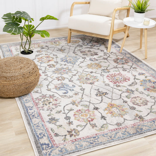 Alfombra Fresco Cream Gray Pink Yellow Orange Floral Border de Kalora Interiors