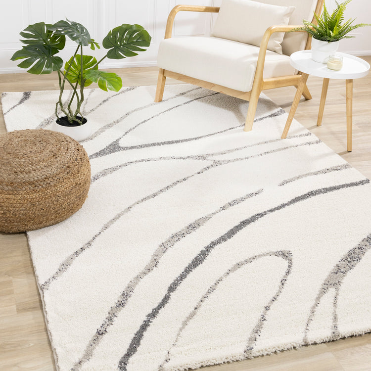 Ravine Cream Grey Wishbone Shag Rug by Kalora Interiors