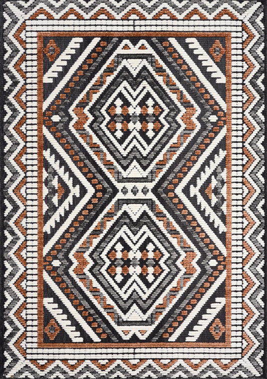 Lawson Grey Cream Orange Double Medallion Contemporary Machine Washable Foldable Rug by Kalora Interiors