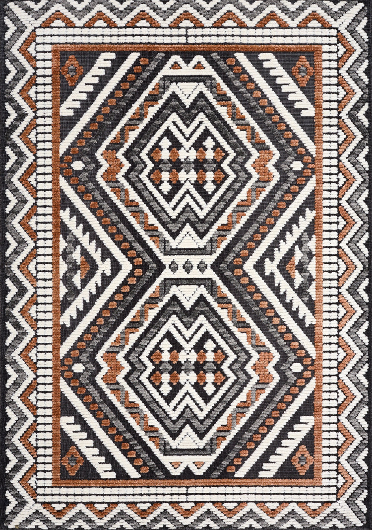 Lawson Grey Cream Orange Double Medallion Contemporary Machine Washable Foldable Rug by Kalora Interiors