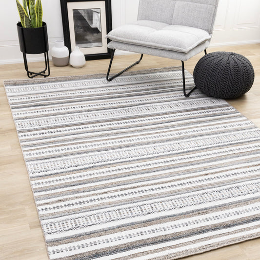 Aspen White Grey Brown Striped Southwestern Pattern Rug