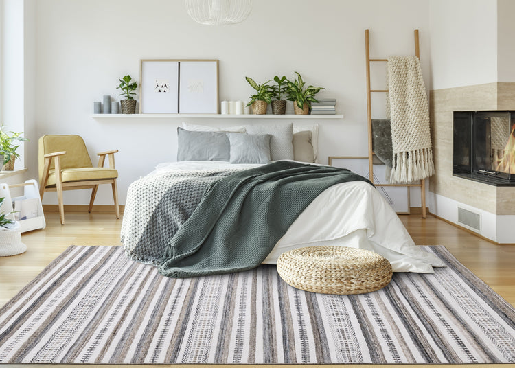 Aspen White Grey Brown Striped Southwestern Pattern Rug