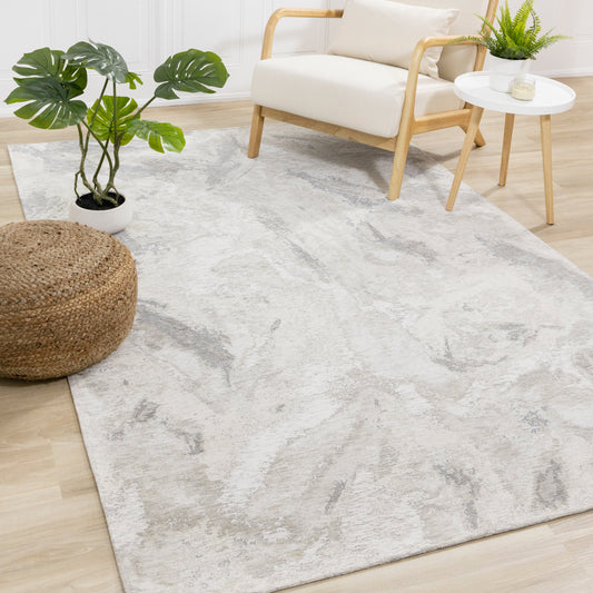 Cathedral Cream Grey Marble Pattern Chenille Rug
