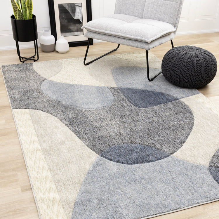 Cora Blue Cream Grey Distressed Curvy Shapes Design Rug