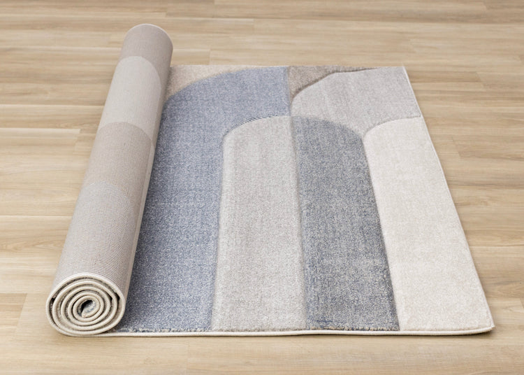 Folio Blue Beige Grey Rounded Geoemetric Overlay Striped Design Rug