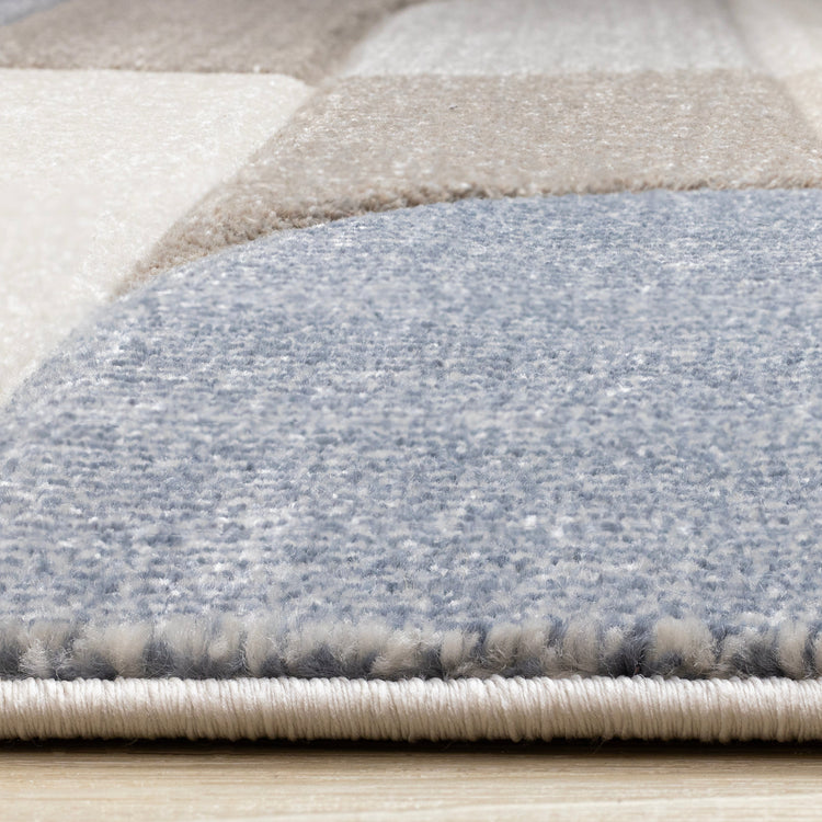 Folio Blue Beige Grey Rounded Geoemetric Overlay Striped Design Rug