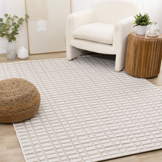 Isla White Taupe Intricate Grid Design Rug