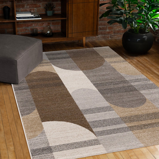 Marquis Brown Grey White Striped Arched Shapes Design Rug