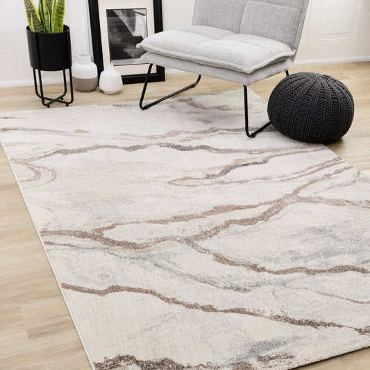 Mae White Grey Orange Veined Marble Design Rug
