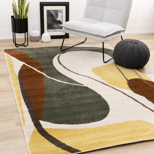 Malibu Yellow Green Brown White Abstract Design Rug