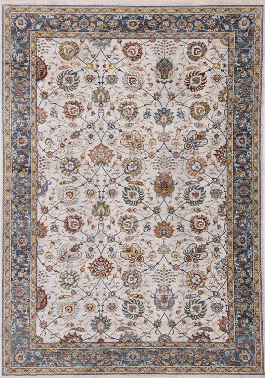 Marisa Cream Blue Traditional Border Floral Rug
