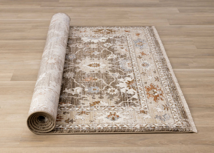 Serene Brown Orange Cream Grey Elegant Border Rug