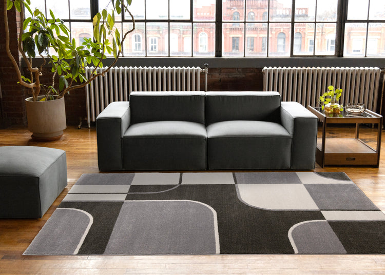 Shade Grey Black White Mid Century Geometric Design Rug
