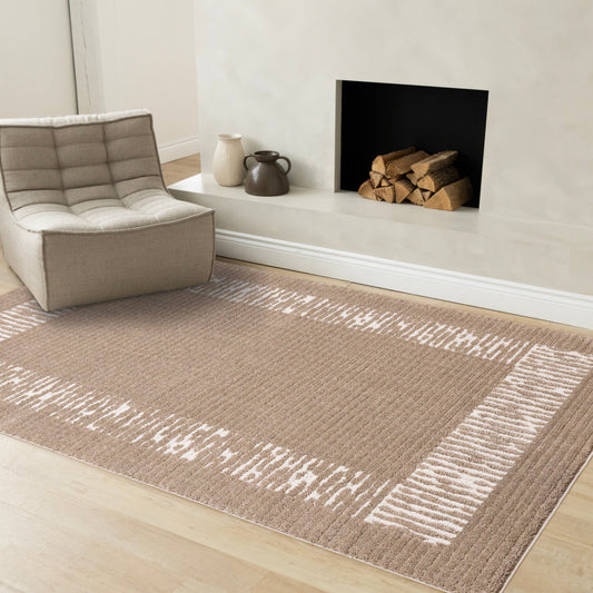 Talia Taupe White Striped Border Rug