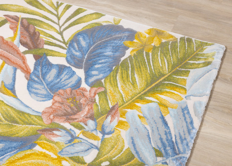 Belle Blue Pink Yellow Green Tropical Plant Rug by Kalora Interiors