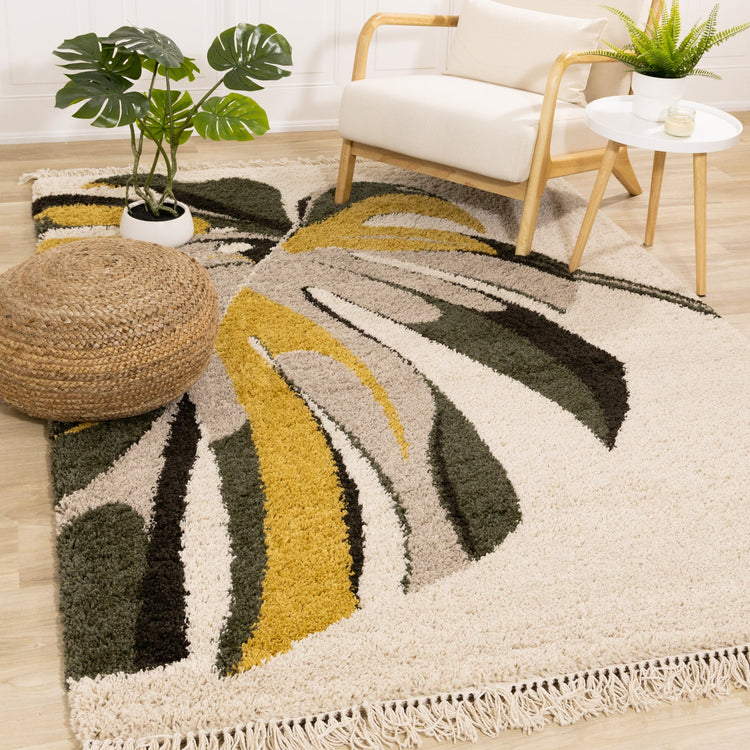 Bora Cream Green Yellow Monstera Leaf Shag Rug by Kalora Interiors