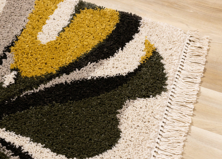 Bora Cream Green Yellow Monstera Leaf Shag Rug by Kalora Interiors