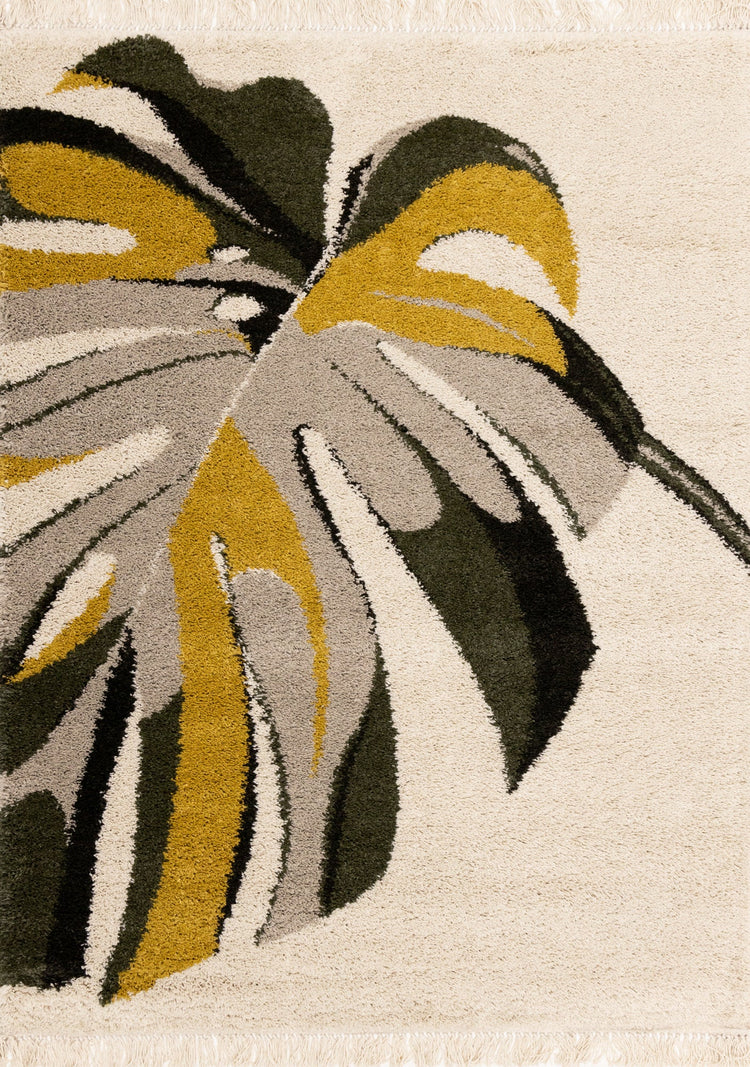 Bora Cream Green Yellow Monstera Leaf Shag Rug by Kalora Interiors