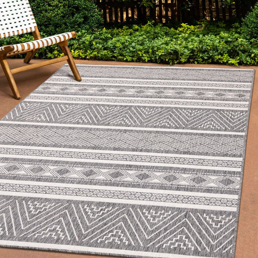 Bristol Reversible Grey White Striped Pattern Outdoor Rug by Kalora Interiors