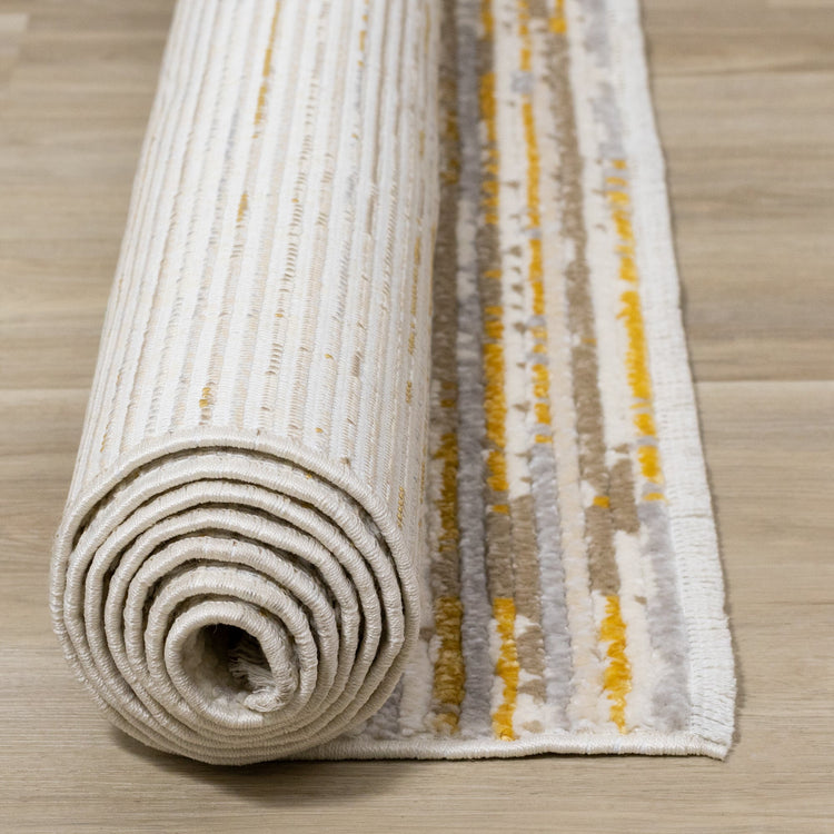 Calabar Cream Yellow Grey Distressed Carved Pile Striped Rug by Kalora Interiors