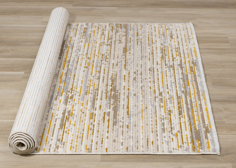 Calabar Cream Yellow Grey Distressed Carved Pile Striped Rug by Kalora Interiors