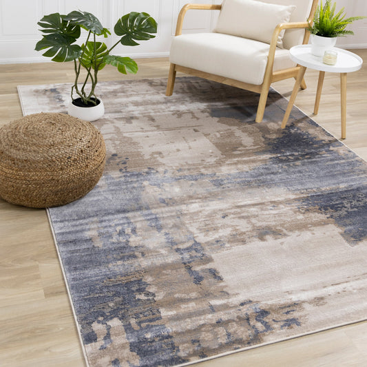 Chorus Blue Beige Abstract Earth Tone Plush Rug by Kalora Interiors