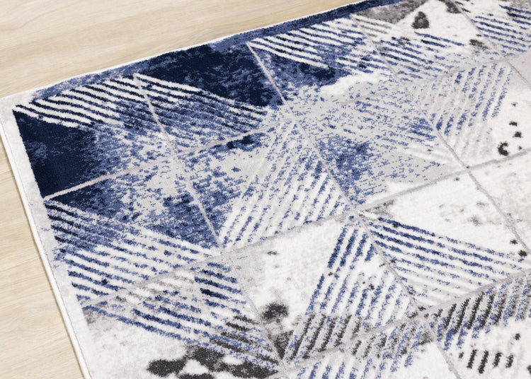 Chorus Grey Blue White Distressed Triangle Grid Rug by Kalora Interiors