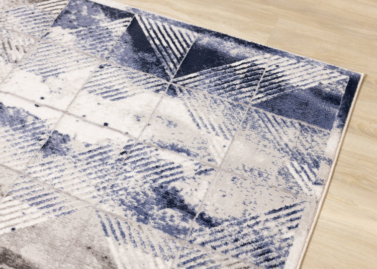 Chorus Grey Blue White Distressed Triangle Grid Rug by Kalora Interiors