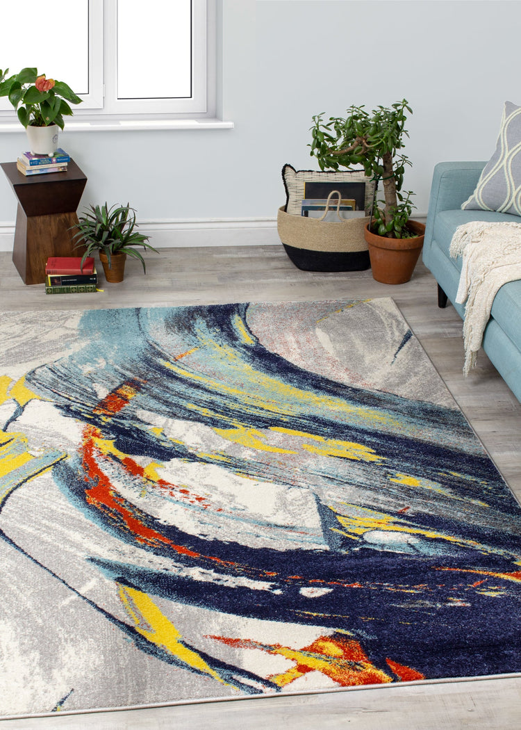 Clarity Grey Blue Abstract Brushstrokes Rug by Kalora Interiors