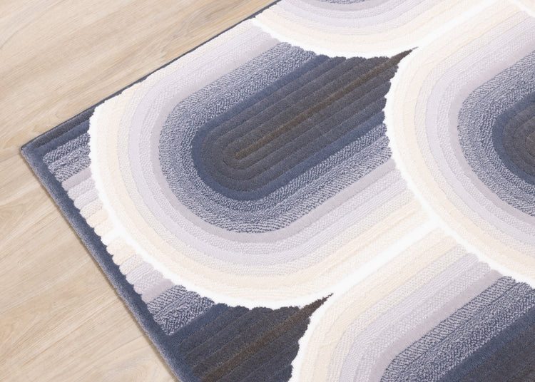 Ella Cream Blue Grey Ombre Geometric Plush Rug by Kalora Interiors