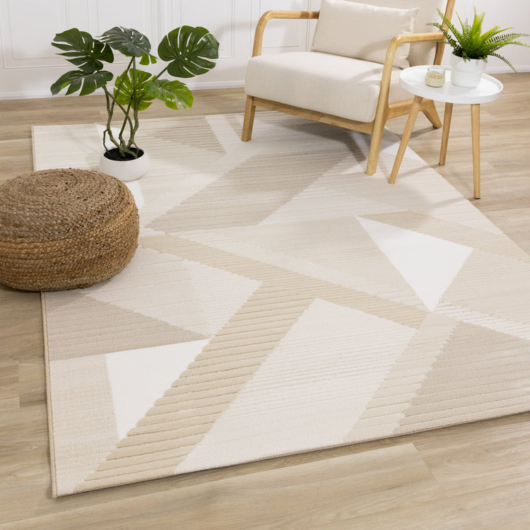 Alfombra con diseño geométrico contemporáneo elegante crema beige Ella de Kalora Interiors