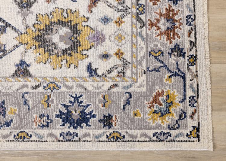 Evora Cream Pink Blue Yellow Floral Vine Border Rug by Kalora Interiors