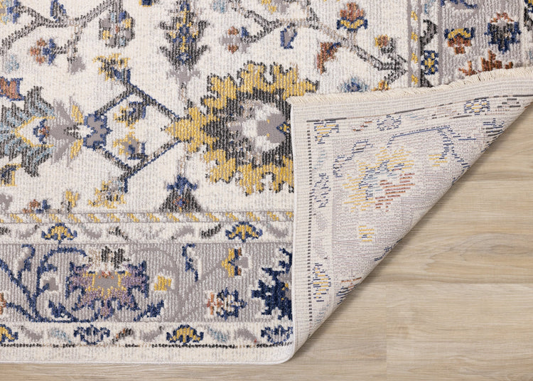 Evora Cream Pink Blue Yellow Floral Vine Border Rug by Kalora Interiors