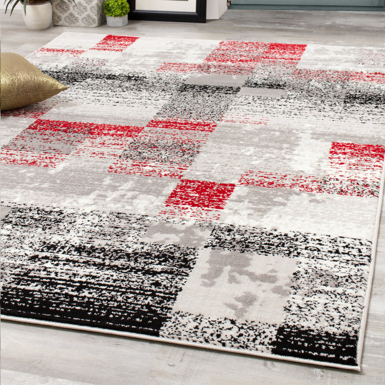 Meridian A608_0767 Red Distressed Rectangles Area Rug by Novelle Home