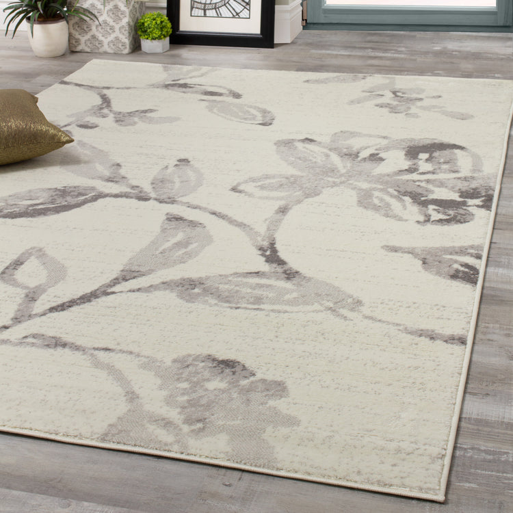 Meridian A643_0272 Grey Cream Watercolour Flower Area Rug by Novelle Home
