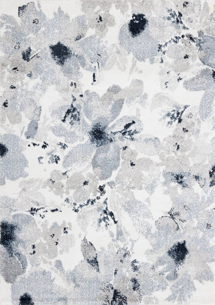 Alfombra gris sable con estampado floral azul crema de Kalora Interiors