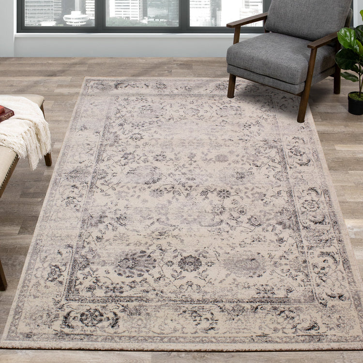 Safi Cream Grey Traditional Border Rug by Kalora Interiors