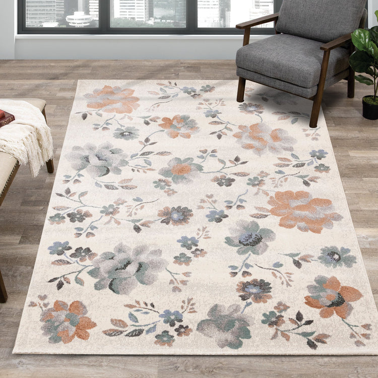 Safi Cream Grey Orange Floral Toile Rug by Kalora Interiors