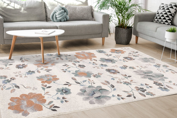 Safi Cream Grey Orange Floral Toile Rug by Kalora Interiors