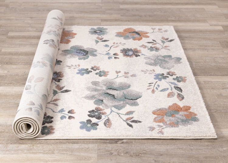 Safi Cream Grey Orange Floral Toile Rug by Kalora Interiors