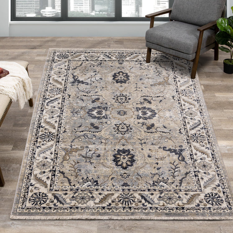 Samira Traditional Cream Blue Border Rug by Kalora Interiors