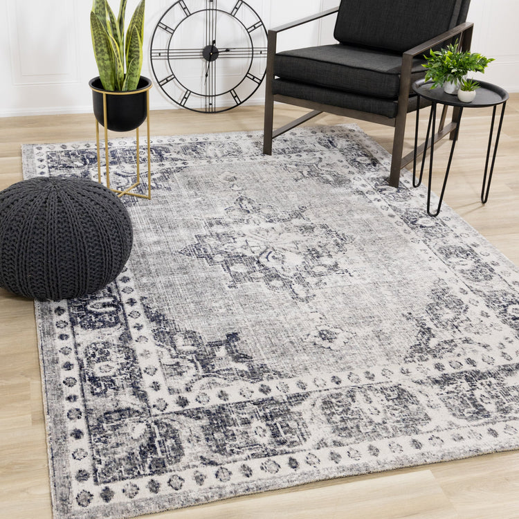 Sara Grey Black Elaborate Edging Rug by Kalora Interiors