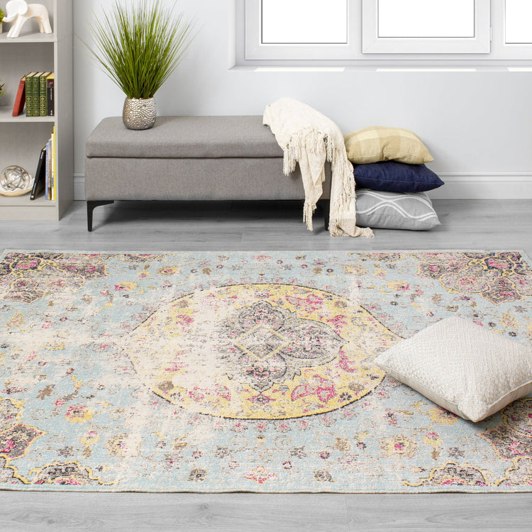 Sara Blue Yellow Jewel Centre Rug by Kalora Interiors