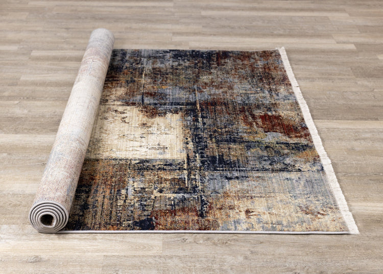 Serene Red Blue Beige Layered Distressed Rug by Kalora Interiors
