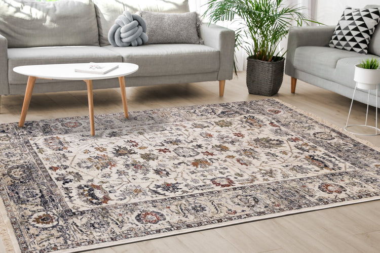 Serene Cream Blue Intricate Border Rug by Kalora Interiors