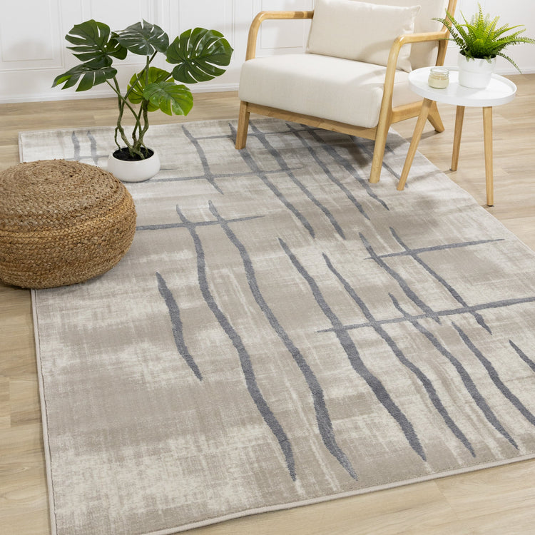 Alfombra de líneas cruzadas onduladas en gris crema y beige Sylvan de Kalora Interior