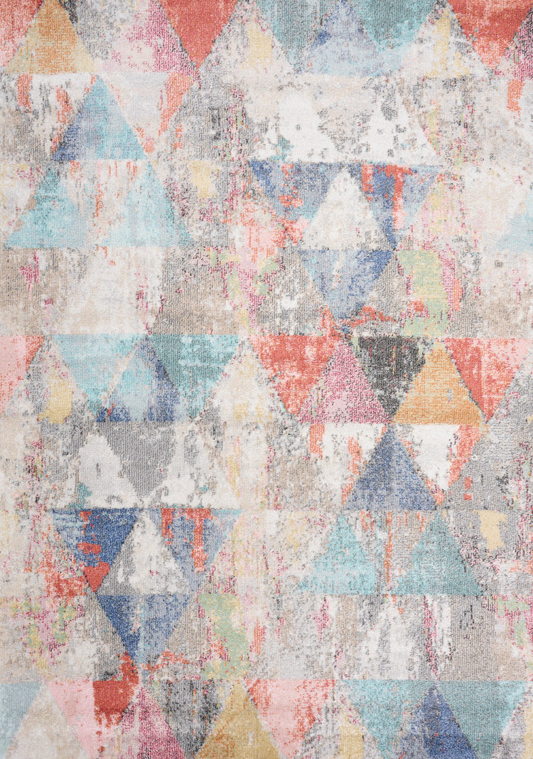 Fresco Distressed Grey Pink Blue Yellow Triangular Pattern Rug by Kalora Interiors