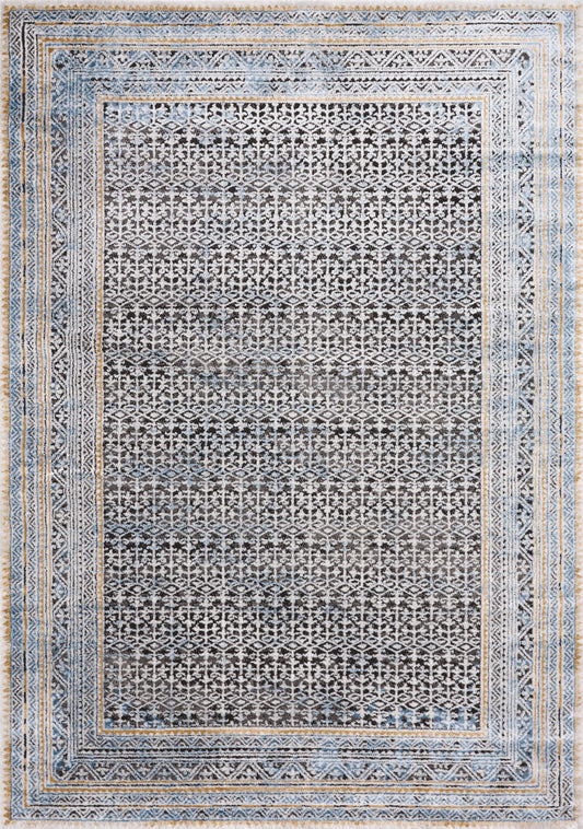 Alfombra de felpa tradicional iridiscente azul gris marrón Darcy de Kalora Interiors
