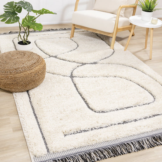 Novato Cream Grey Modern Dual Texture Swirling Line Rug by Kalora Interiors