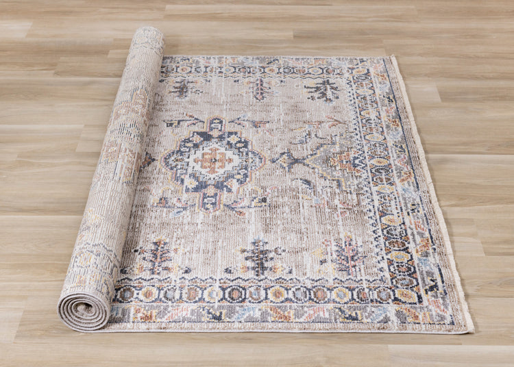 Evora Beige Rust Blue Contemporary Medallion Rug by Kalora Interiors